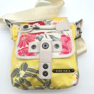 Diesel Floral Canvas Crossbody Bag Yellow Pink Messenger Adjustable Logo Strap